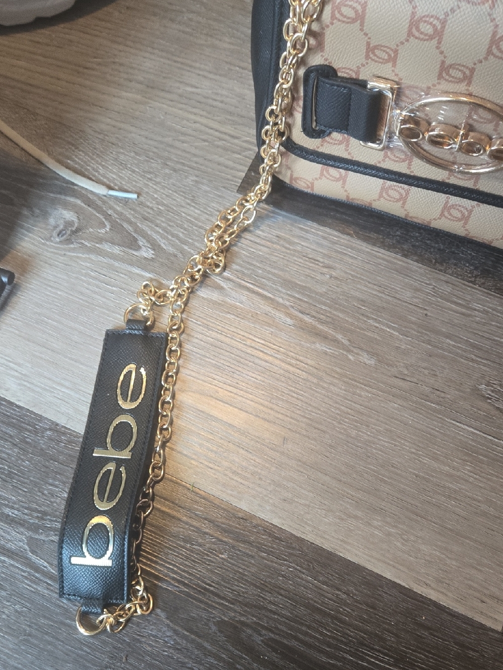 Bebe Beige Monogram Crossbody Bag with Gold Chain NWT Retail $89.00 - Picture 7 of 7